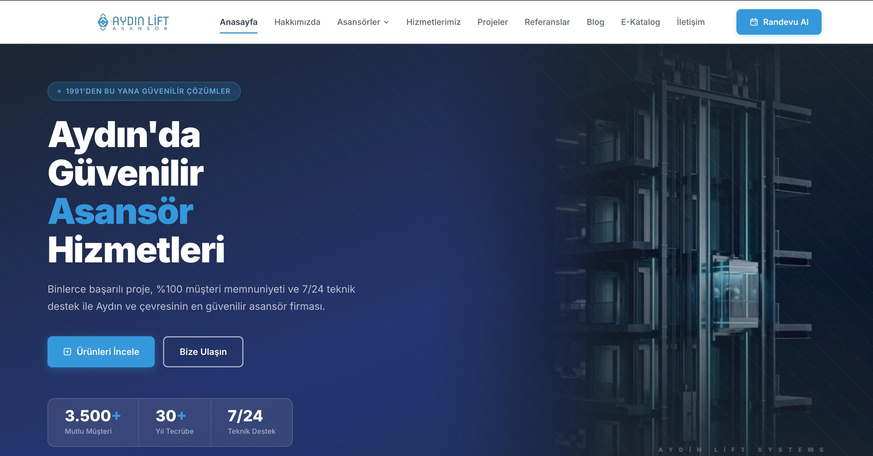 Aydın Lift Asansör — Kurumsal Web Sitesi Yeniden Tasarım ve Geliştirme